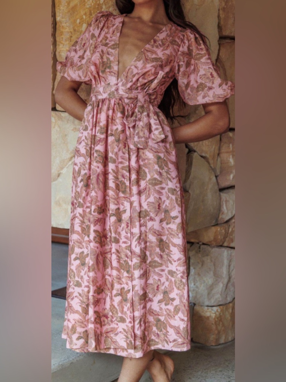 Blush and Tan Cotton Floral Puff Sleeve Midi Wrap Dress by SELFIE LESLIE: M - Picture 3 of 7